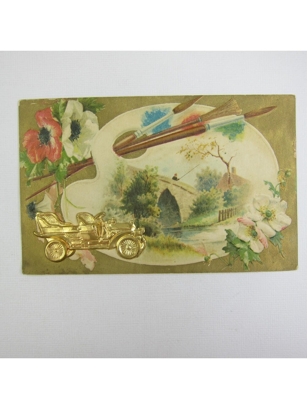Antique Postcard 3D Gold Automobile Painters Palette Fisherman Bridge Landscape